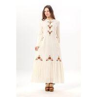 Uzun Kol Zühre Nakış Detaylı Bağcık Yaka Cepli Vual Uzun Elbise Krem Krm