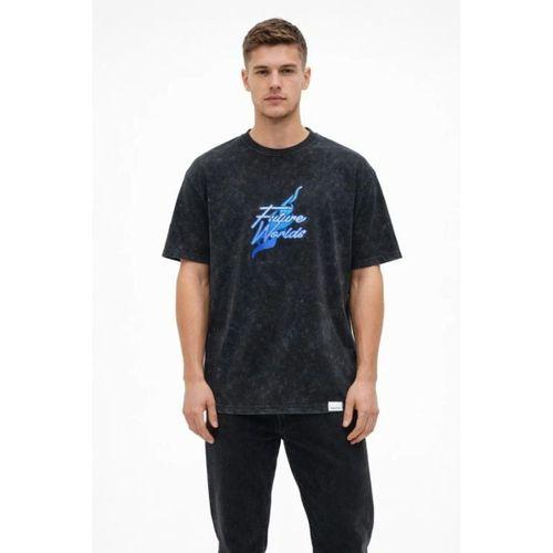 Erkek Asit Yıkamalı Oversize Tişört Future Worlds Baskılı Bisiklet Yaka Kısa Kollu Streetwear %100 Pamuk Street Style T-Shirt - Siyah