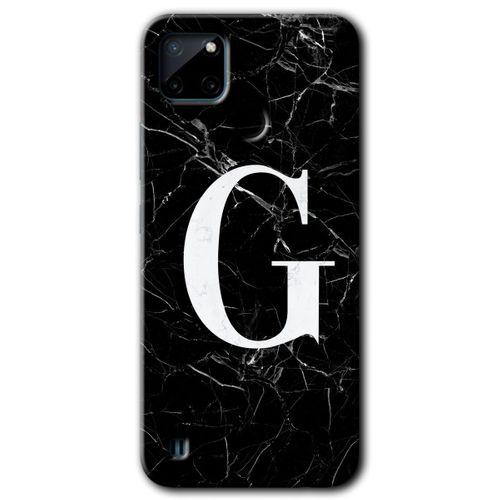 MRCİLETİSİM Realme C21 Kılıf Baskılı Kapak - Siyah Mermer Desenli G Harfi + 5D Tam Kaplayan Cam