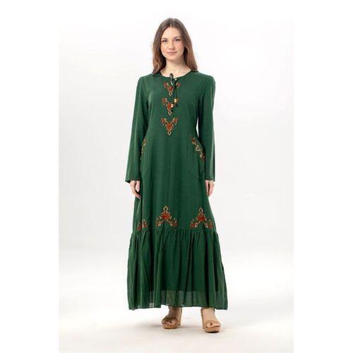 Uzun Kol Zühre Nakış Detaylı Bağcık Yaka Cepli Vual Uzun Elbise Yeşil Ysl