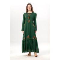 Uzun Kol Zühre Nakış Detaylı Bağcık Yaka Cepli Vual Uzun Elbise Yeşil Ysl