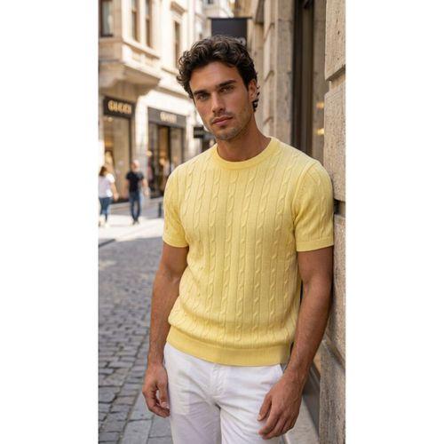 Erkek Örgü Desen Bisiklet Yaka Triko Tişört - %100 Pamuk Akrilik