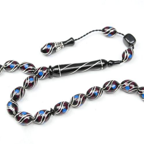 Oltu Taşı ve  Kırmızı Galalith Çift Çeşmi İşlemeli Tespih