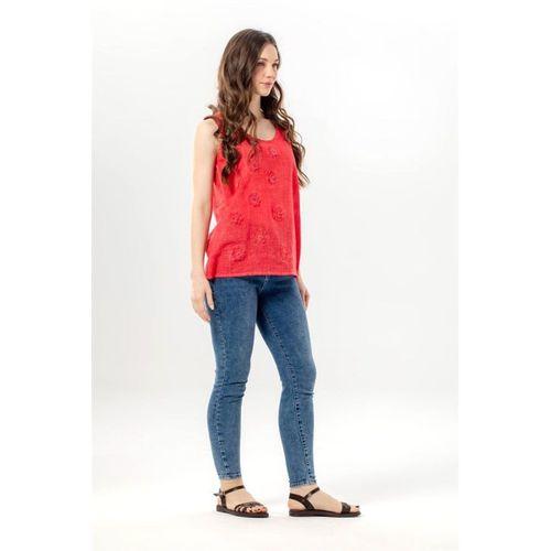Kolsuz Devin Papatya Desenli Yazlık Poplin Bluz Nar Çiçeği nrçği