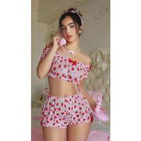 Pembe Çilek Desenli Şortlu Fantezi Sütyen Takımı