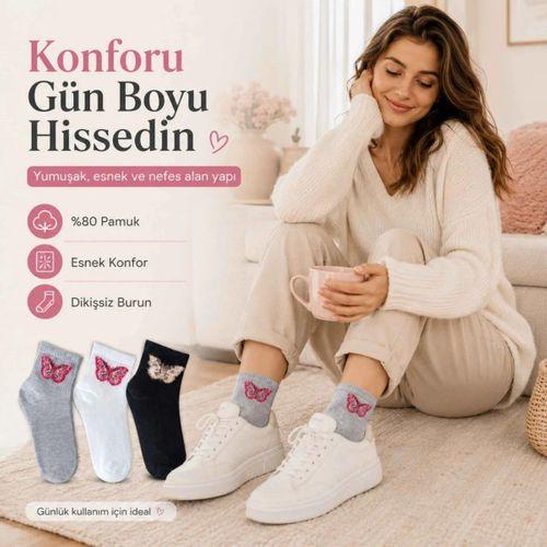 Kadın Kelebek Desenli Kısa Konç Çorap 6'lı | %80 Pamuklu Dikişsiz, Siyah Beyaz Gri