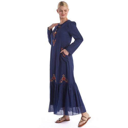 Uzun Kol Lacivert Nakış Detaylı Bağcık Yaka Cepli Vual Uzun Elbise