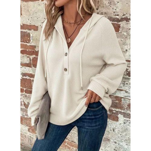 Kadın Uzun Kollu Kapşonlu önü Düğmeli Ve Bağcıklı Waffle Bluz