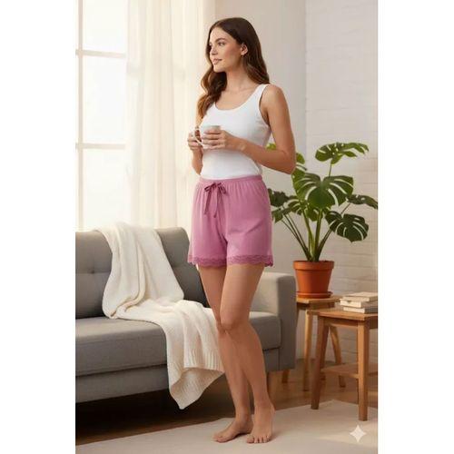 Bambu Fitilli Kadın Ev Şortu Bacak Dantel Detaylı Ev Giyim Pembe