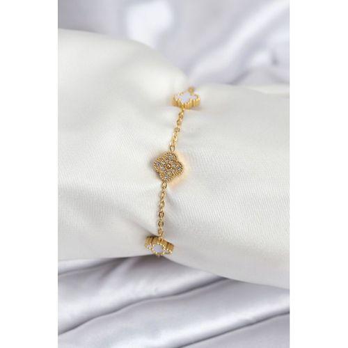 316L Çelik Gold Renk Beyaz ve Zirkon Taşlı Baby Boy Yonca Kadın Bileklik