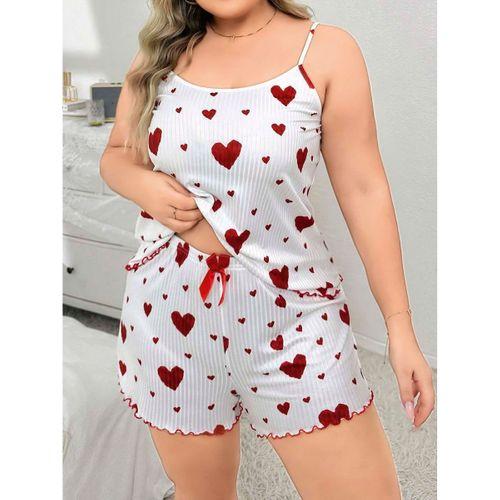 Büyük Beden Kalp Desen Pamuklu Şortlu Pijama Takımı