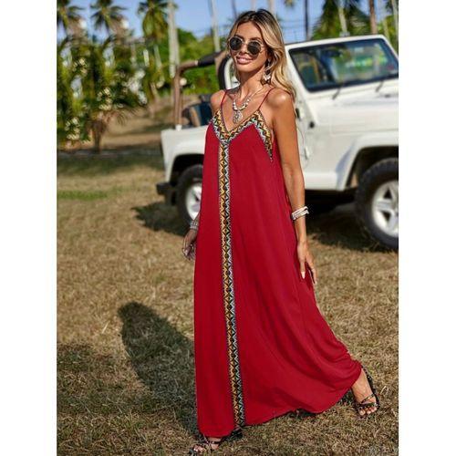 Kadın Askılı V Yakalı Etnik şerit Detaylı Uzun Viskon Elbise