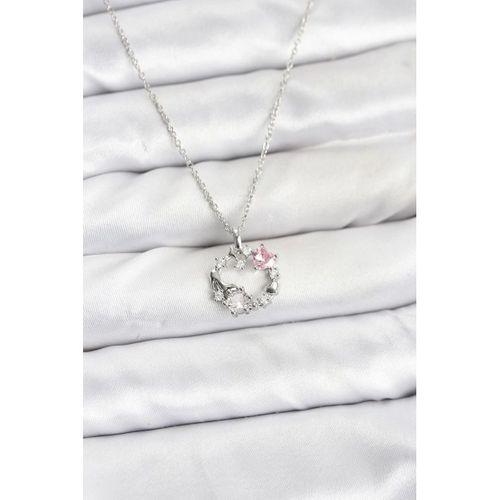 316L Çelik Zincir Gümüş Renk Pembe Taş Detaylı Çelenk Model Kadın Kolye