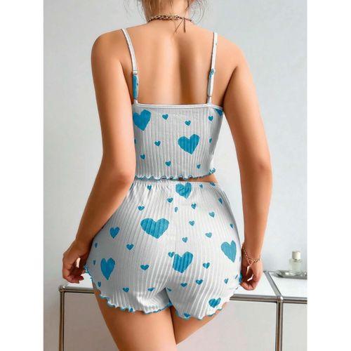 Kadın Beyaz Mavi Kalp Desenli Askılı Şortlu Pijama Takımı Rahat Şık 2’li Set