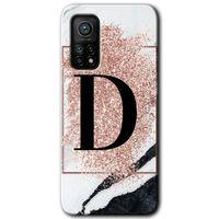 Xiaomi Mi 10T Kılıf Baskılı Kapak - Pembe Mermer Desenli D Harfi + 5D Tam Kaplayan Cam