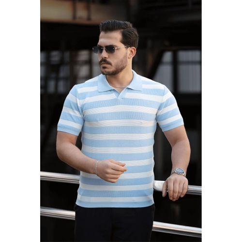 Premium Yan Çizgili Viskon Polo Yaka Triko Erkek T-Shirt - Mavi