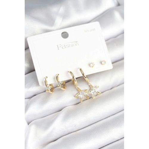 Pirinç Gold Renk Yıldız Model 925 Gümüş Çivili Kadın Küpe Seti