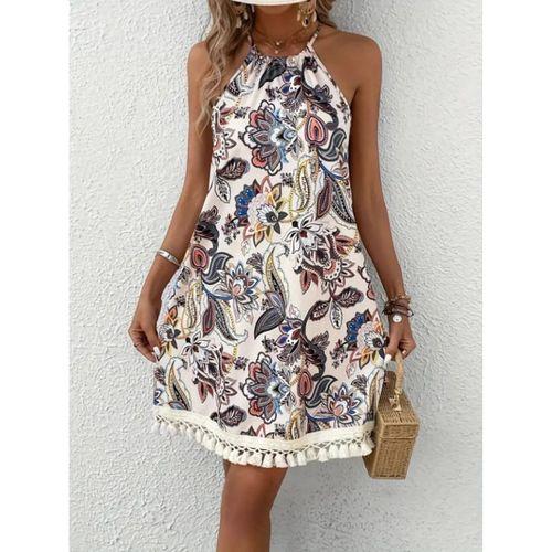 Kadın Halter Yaka Eteği Püsküllü Boyundan Bağlamalı çiçek Desen Süprem Elbise