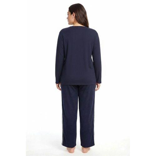 Kadın Büyük Beden Lacivert Uzun Kollu Pijama Takımı Şerit Detaylı Rahat Ev Giyim Seti