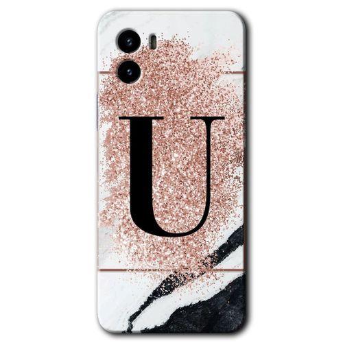 MRCİLETİSİM Vivo Y15s Kılıf HD Desen Baskılı Arka Kapak + Temperli Cam - Pembe Mermer Desenli U Harfi