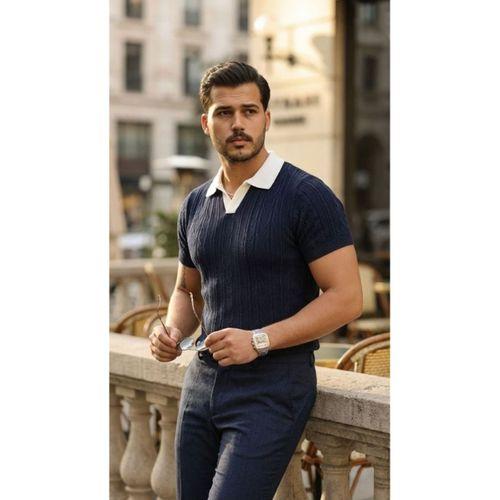 Erkek Desenli Kısa Kollu Triko Tişört - %100 Pamuk Akrilik