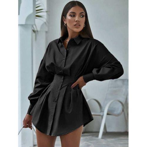 Lucky Life Kadın Pamuk Polyester Kumaş Belden Pileli Gömlek Elbise