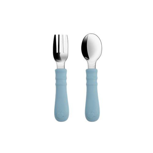 Silikon Saplı Paslanmaz Çelik Bebek Kaşık Çatal Seti Mavi