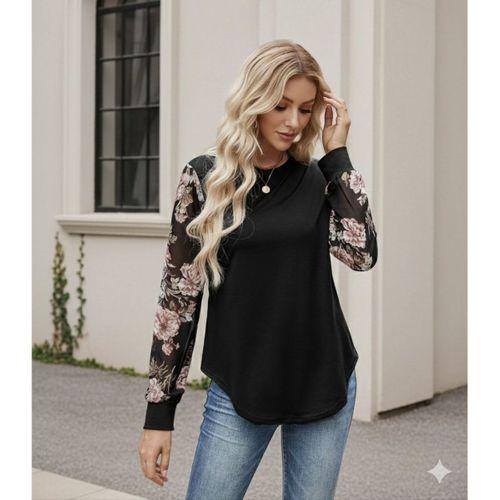 Kadın Uzun Kollu Bisiklet Yakalı Kolun çiçek Desenli Viskon Iki Iplik Bluz