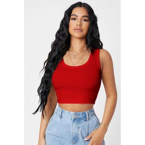Kadın Kırmızı Modern Fit Kare Yaka Crop Top Bluz
