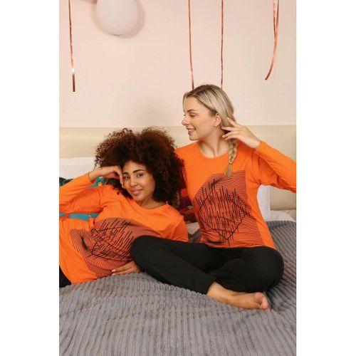 Kadın Uzun Kol Penye Pijama Takım Turuncu