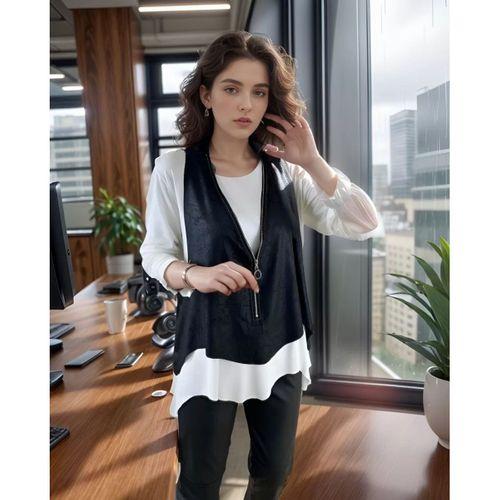 Pilelistore Kadın Uzun Kol Asimetrik Kesim Bluz Ve Asimetrik Kesim Fermuar Detay Deri Yelek Ikili Takım