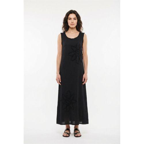 Kolsuz Ferah Bisiklet Yaka Yazlık Otantik Müslin Uzun Elbise Siyah Syh