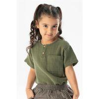 Kısa Kol Batı Cep Detaylı Yazlık Müslin Kız Çocuk Tshirt Haki Hk