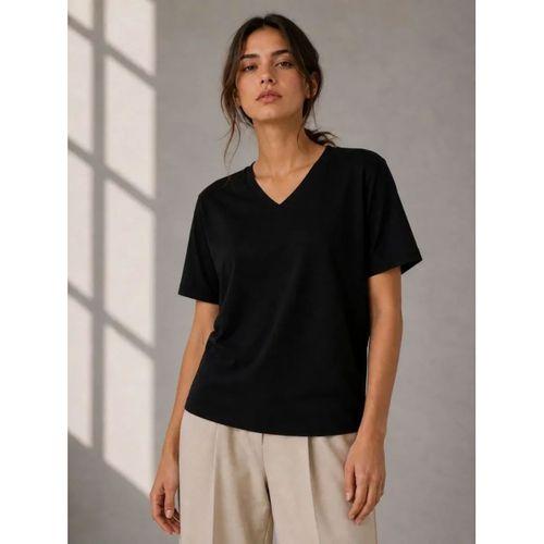 V Yaka Basic Tişört Kısa Kol Yazlık Regular Fit T-Shirt - Siyah