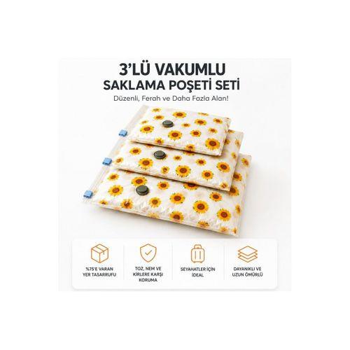 3'lü Vakumlu Hurç Saklama Seti Şeffaf Ön Yüzlü Yorgan Battaniye Kıyafet Düzenleme ve Depolama Poşeti
