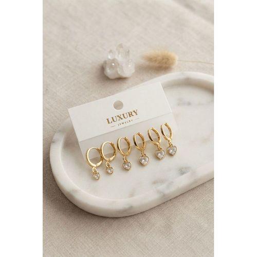 Kalp Zirkon Taşlı Gold Renk Pirinç Set Küpe