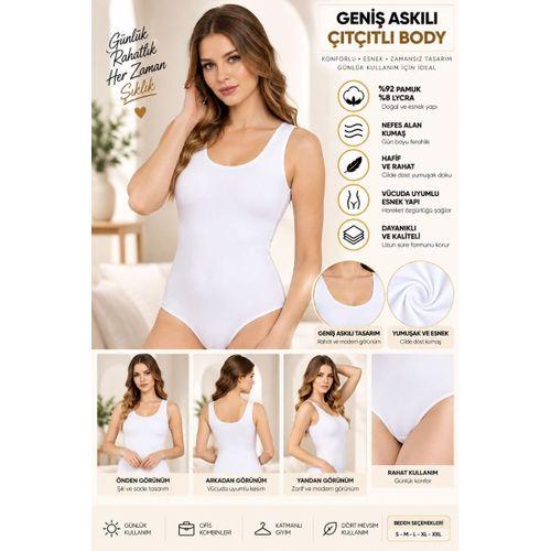 Kadın Geniş Askılı Çıtçıtlı Body Beyaz, Esnek Kumaş, Vücuda Oturan Basic Kadın Body - ryl - 2700
