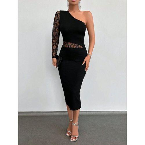 Kadın Siyah Tek Kol Dantel Detay Omuz Dekolte Krep Elbise