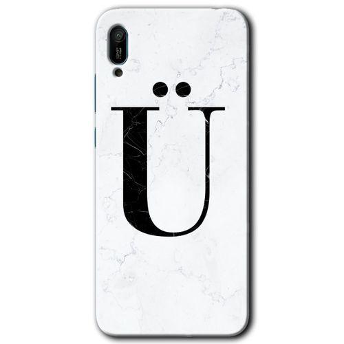 Huawei Y6 2019 HD Baskılı Kılıf + 9D Tam Ekran Koruyucu - Beyaz Mermer Desenli Ü Harfi