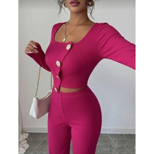 Kadın Uzun Kol Kare Yaka Asimetrik Düğme Detay Bluz Ve Yüksek Bel Pantolon Ikili Takım