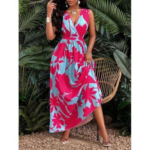 Kadın Askılı Kruvaze Yakalı çiçek Desenli Uzun Süprem Elbise