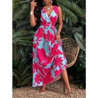 Kadın Askılı Kruvaze Yakalı çiçek Desenli Uzun Süprem Elbise