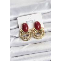 Pirinç Gold Renk Bordo Taşlı Vintage Kadın Küpe - TJ-BKP11356