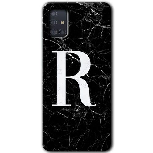 Samsung Galaxy A51 Kılıf Baskılı Kapak - Siyah Mermer Desenli R Harfi +Tam Kaplayan Mat Seramik