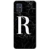 Samsung Galaxy A51 Kılıf Baskılı Kapak - Siyah Mermer Desenli R Harfi +Tam Kaplayan Mat Seramik