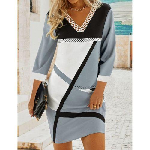 Kadın Fakir Kollu V Dantel Yaka Geometrik Desenli Dalgıç Elbise