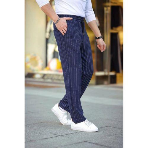 Erkek Cizgili Dokuma Krep Jogger Buggy Pantalon Rahat Kalıp - Lacivert