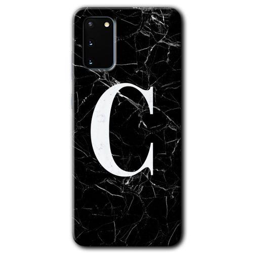 Galaxy S20 Kılıf HD Desen Baskılı Arka Kapak - Siyah Mermer Desenli C Harfi + Kırılmaz Cam