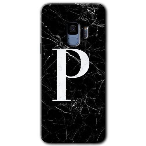 Samsung Galaxy S9 Kılıf HD Desen Baskılı Arka Kapak + Temperli Cam - Siyah Mermer Desenli P Harfi