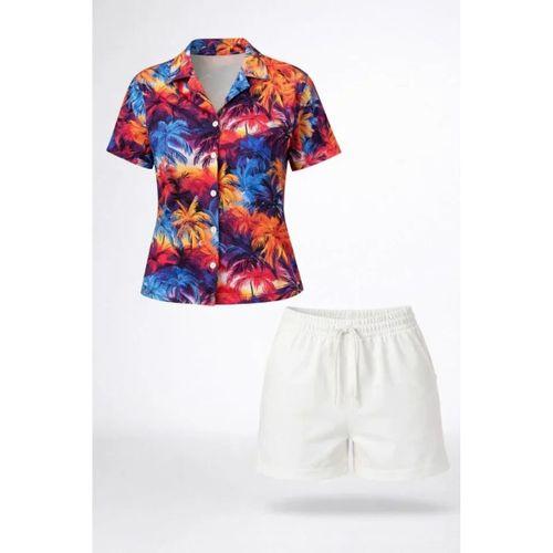 Renkli Tropikal Palmiye Desenli Kısa Kol Gömlek Şort Takım Yazlık Rahat Kalıp - Desenli